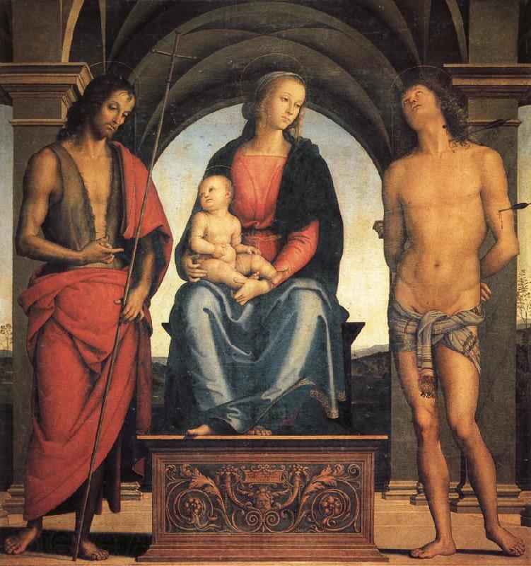 PERUGINO, Pietro Madonna and Child Enthroned with SS.John the Baptist and Sebastian Norge oil painting art